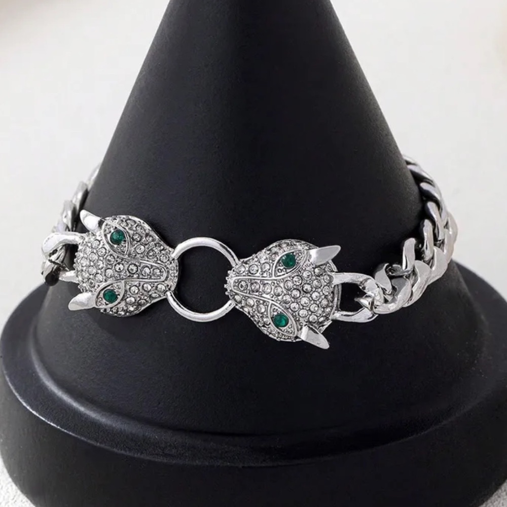 Silver Crystal Panther Head Chain Bracelet with Green Eyes